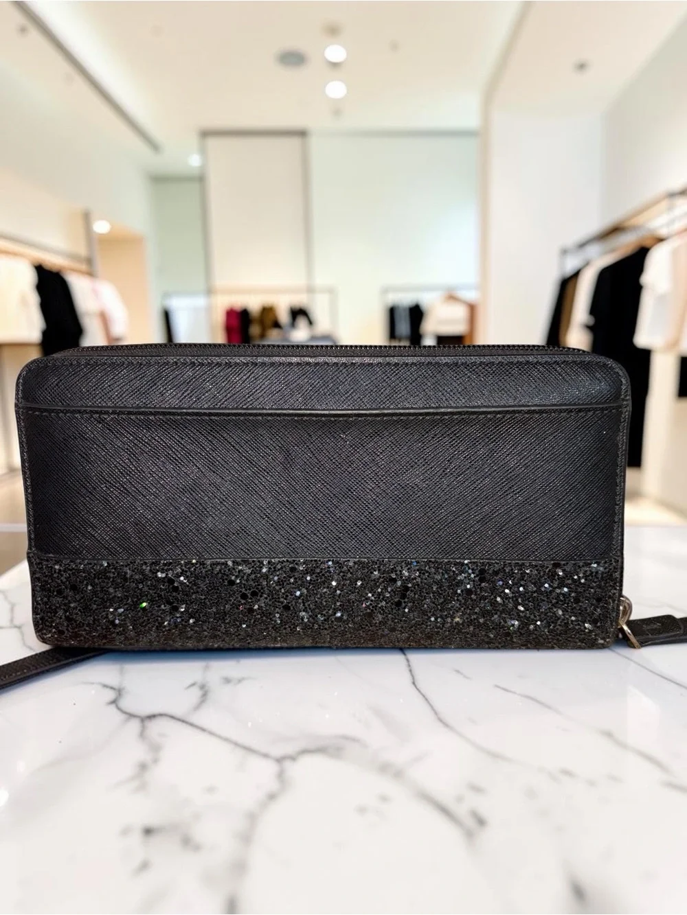 kate spade Black Glitter-Trim Zip Around Wallet